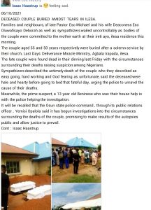 Couple found dead in Osun laid to rest as police interrogate their 13-year-old Beninese househelp