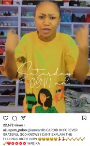 Akuapem Poloo goes on her knees to thank Cardi B after the US rapper posted her on her Instagram Stories (video)