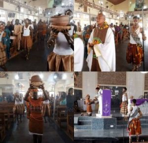 Reactions pour in as photos from a Catholic church in Abuja celebrating mass using African cultural items surface online